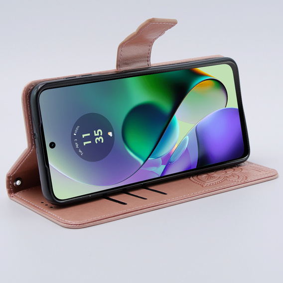 Cu clapetă pentru Motorola Moto G54 5G, Butterfly, roz rose gold