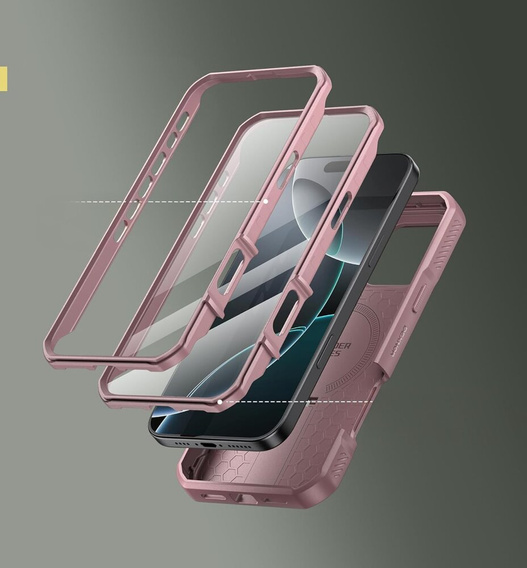 Husă blindată pentru iPhone 16 Pro Max, Dexnor CamProtect MagSafe, roz (Două rame)
