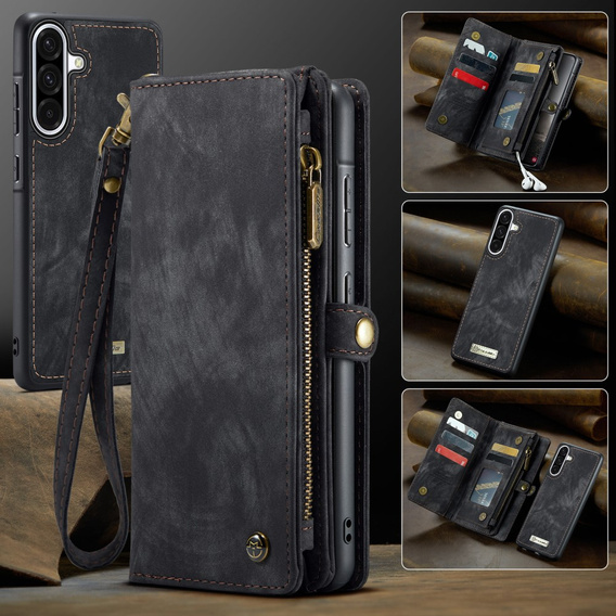 Husă CASEME pentru Samsung Galaxy A56 5G, Retro Leather Wallet, cu curea de umăr, negru