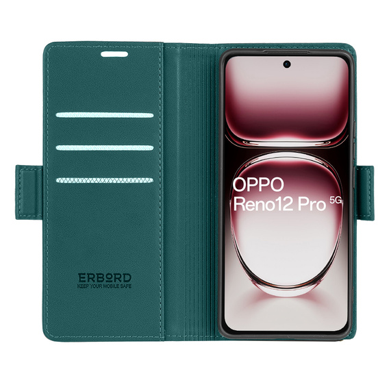 Husă pentru Oppo Reno 12 Pro, ERBORD Glossy Litchi, portofel cu clapetă, verde