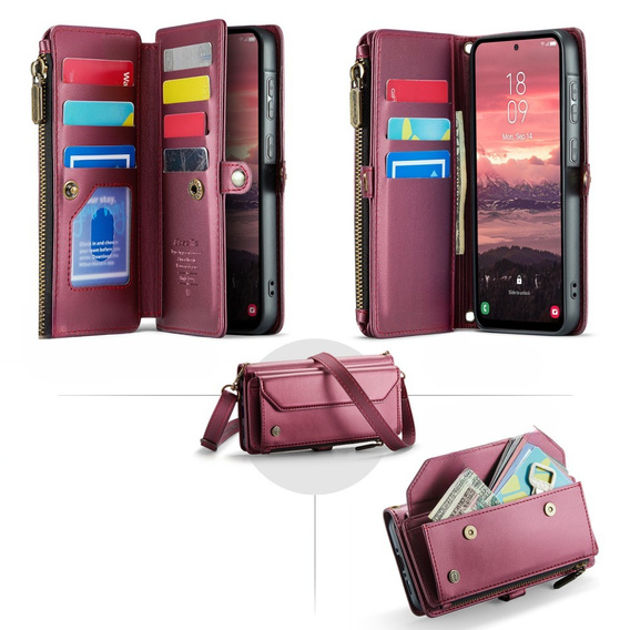 Husă CASEME pentru Samsung Galaxy A56 5G, RFID Leather Wallet, cu curea de umăr, roșu