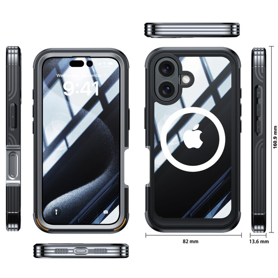 Husă pentru iPhone 16, Shockproof, cu sticlă, pentru MagSafe, negru