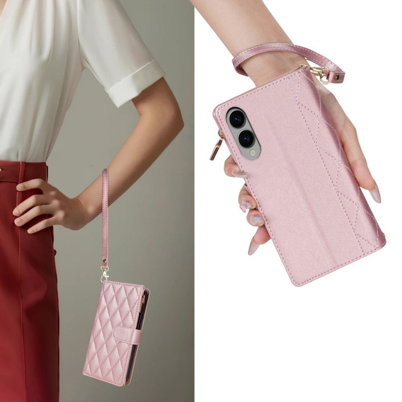 Husă cu clapetă pentru Samsung Galaxy S25 Edge, Rhombus Crossbody Leather, roz rose gold