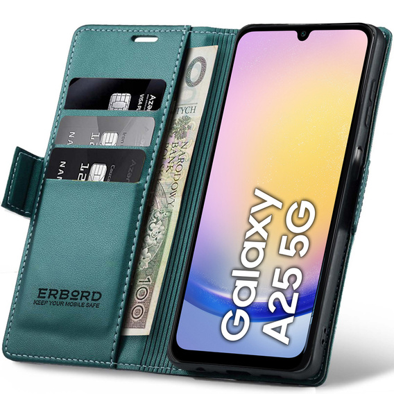 Husă pentru Samsung Galaxy A25 5G, ERBORD Glossy Litchi, portofel cu clapetă, verde