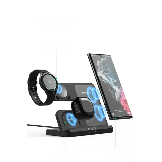 Încărcător wireless inductiv 3 în 1 QI rapid pentru Samsung S25 S24 S23 Galaxy Watch Buds Stație neagră