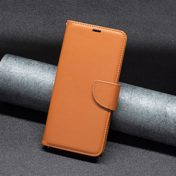 Cu clapetă pentru Samsung Galaxy A15, Wallet Litchi Leather, maro + sticlă 9H 