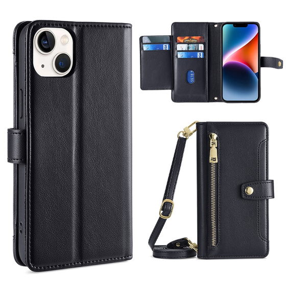 Cu clapetă pentru iPhone 14, Wallet Zipper Pocket, negru