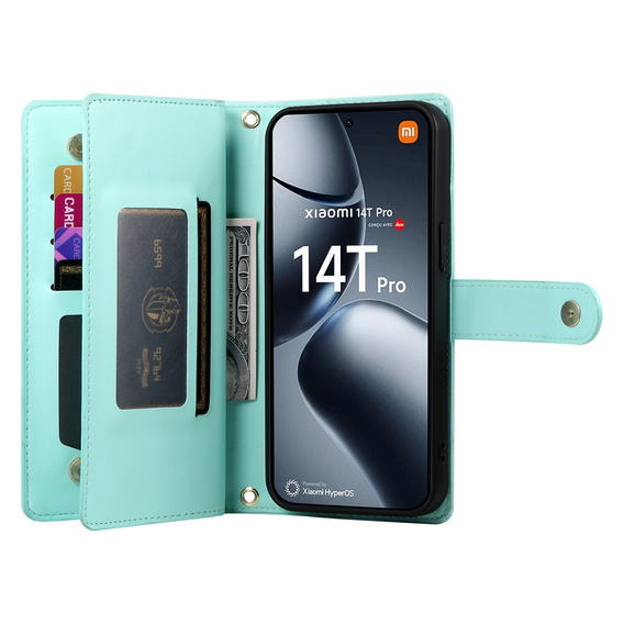 Cu clapetă pentru Xiaomi 14T Pro, Wallet Zipper Pocket, verde