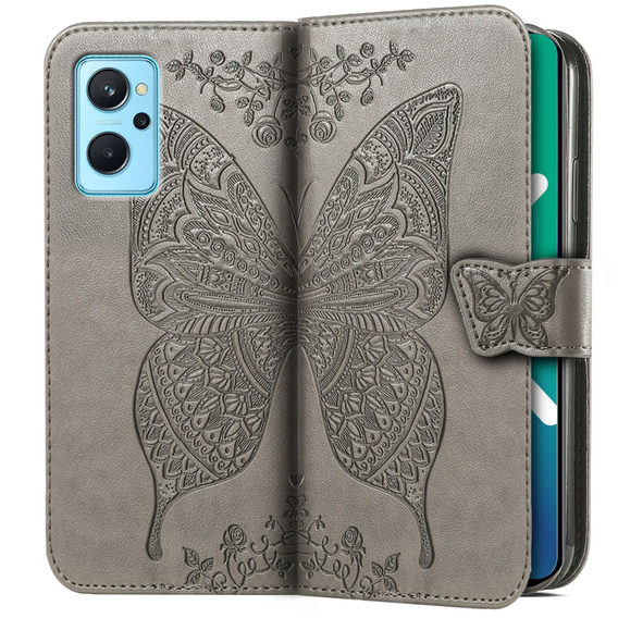 Cu clapetă pentru Realme 9i / Oppo A96, Butterfly, gri