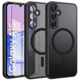 Husă pentru Samsung Galaxy A15, pentru MagSafe, ERBORD Matt Case, negru + sticlă pentru ecran