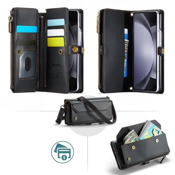 Husă CASEME pentru Samsung Galaxy Z Fold6 5G, RFID Leather Wallet, cu curea de umăr, negru