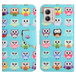 Cu clapetă pentru Motorola Moto G73 5G, Wallet, owls, albastru