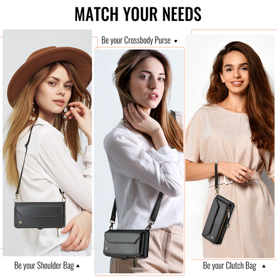 Husă CASEME pentru Samsung Galaxy S25 FE, RFID Leather Wallet, cu curea de umăr, negru
