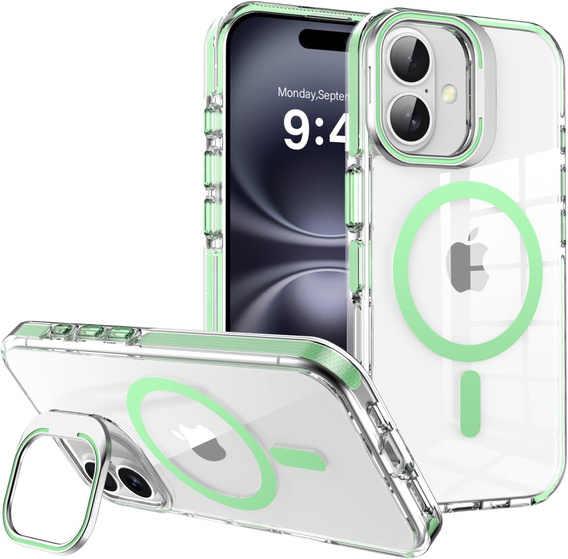 Husă pentru iPhone 17, pentru MagSafe, cu suport, transparentă cu inserții verzi