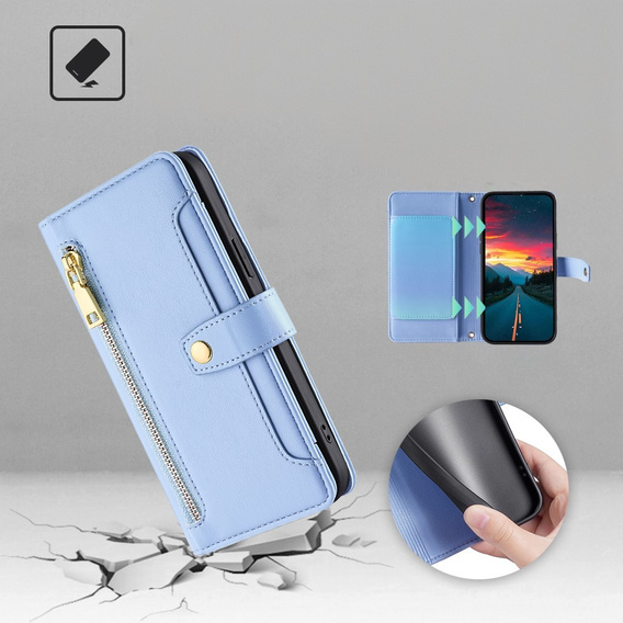 Cu clapetă pentru Realme 14 Pro 5G, Wallet Zipper Pocket, albastru