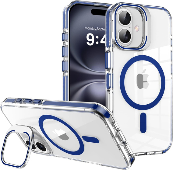 Husă pentru iPhone 17, pentru MagSafe, cu suport, transparentă cu inserții albastru închis