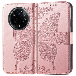 Cu clapetă pentru Realme 14 Pro 5G, Butterfly, roz rose gold