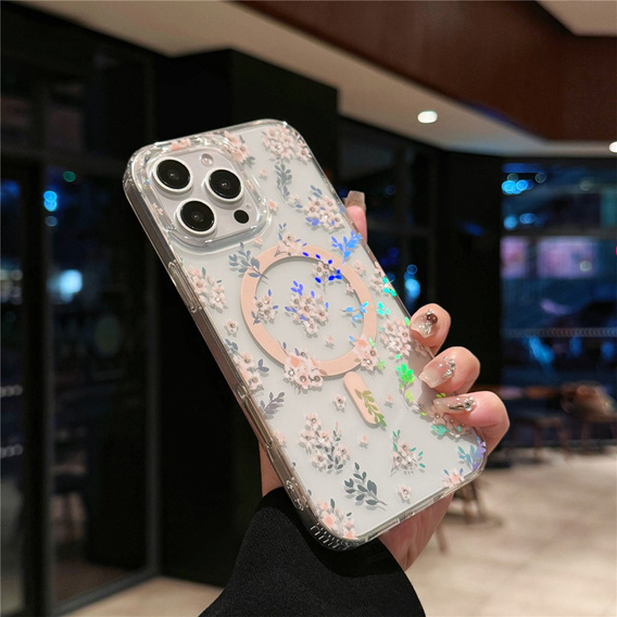 Husă magnetică cu model floral realizat cu laser pentru iPhone 16 Pro