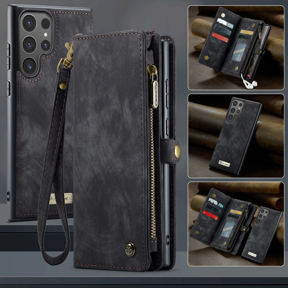 Husă CASEME pentru Samsung Galaxy S25 Ultra, Retro Leather Wallet, cu curea de umăr, negru