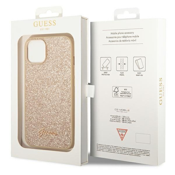 GUESS Huse pentru iPhone 14 Plus, Glitter Script Hardcase, de aur