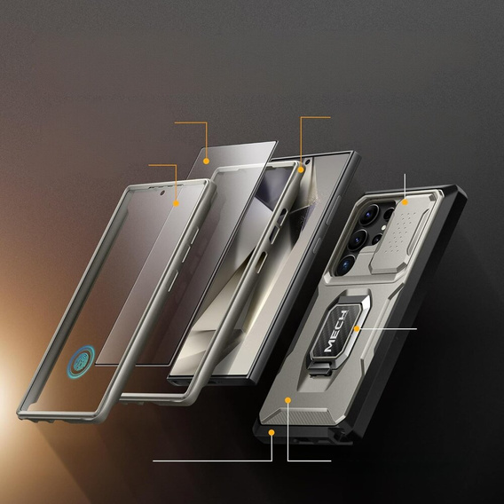 Carcasă pentru Samsung Galaxy S24 Ultra, seria Tongate MECH cu suport, gri