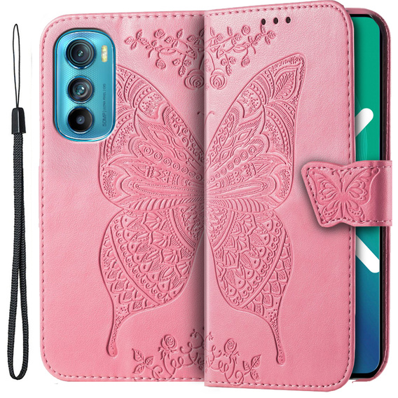 Cu clapetă pentru Motorola Edge 30, Butterfly, roz