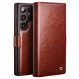 Carcasa flip pentru Samsung Galaxy S25 Ultra, QIALINO Leather Wallet, maro închis