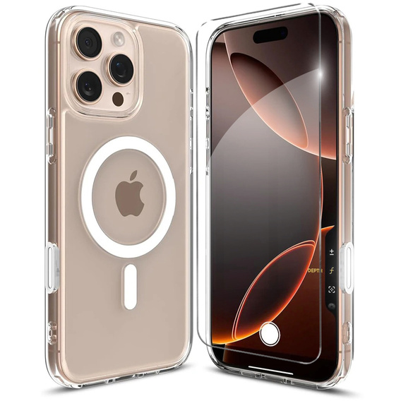 Carcasă ERBORD MagSafe pentru iPhone 16 Pro Max, buton activ, transparentă + Sticlă pentru ecran