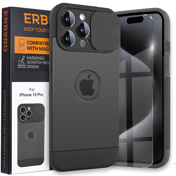Huse pentru iPhone 15 Pro Max, ERBORD MagProtect Slide Camera, negru