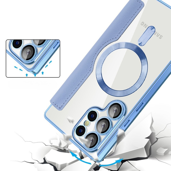 Cu clapetă pentru Samsung Galaxy S25 Ultra, RFID Wallet MagSafe CamShield, albastru