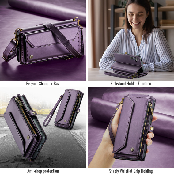 Husă CASEME pentru Samsung Galaxy S25 FE, RFID Leather Wallet, cu curea de umăr, violet