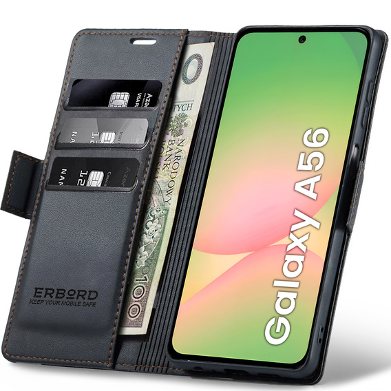 Husă pentru Samsung Galaxy A56, ERBORD Glossy Litchi, portofel cu clapetă, negru