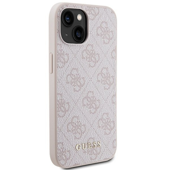 GUESS Huse pentru iPhone 15, 4G Metal Gold Logo, roz