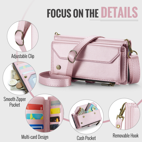 Husă CASEME pentru Samsung Galaxy S25 FE, RFID Leather Wallet, cu curea de umăr, roz