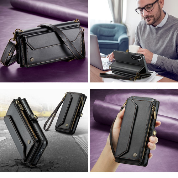 Husă CASEME pentru Samsung Galaxy A56 5G, RFID Leather Wallet, cu curea de umăr, negru