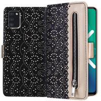 Carcasă cu clapetă pentru Samsung Galaxy A41, Wallet Pocket Zipper Lace, negru