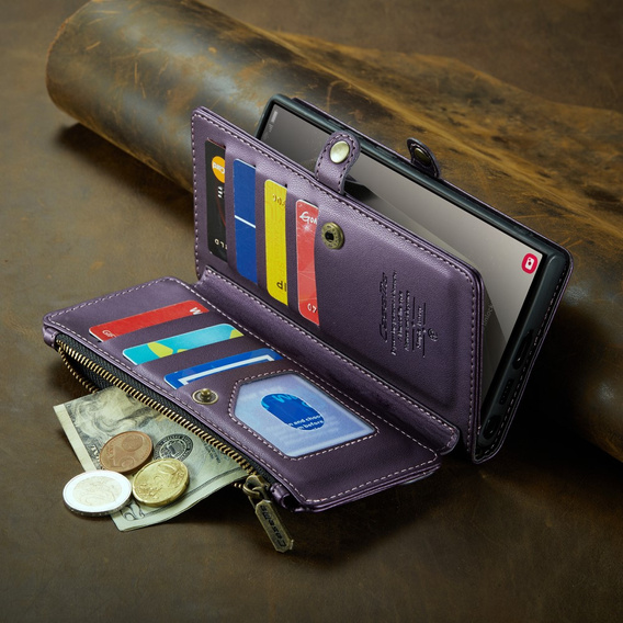 Husă CASEME pentru Samsung Galaxy S25 Ultra, RFID Leather Wallet, cu curea de umăr, violet