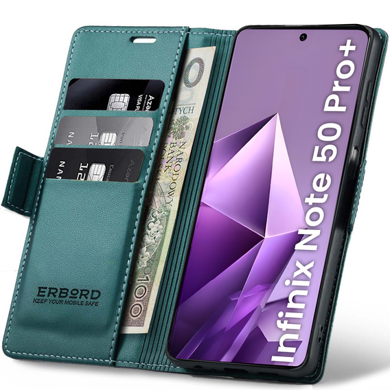 Husă pentru Infinix Note 50 Pro+, ERBORD Glossy Litchi, portofel cu clapetă, verde
