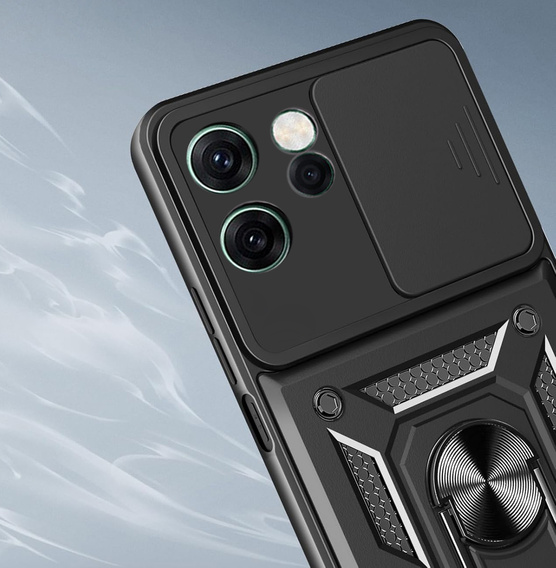 Husă blindată pentru Oppo Reno 14F, cu protecție pentru cameră, cu suport, negru