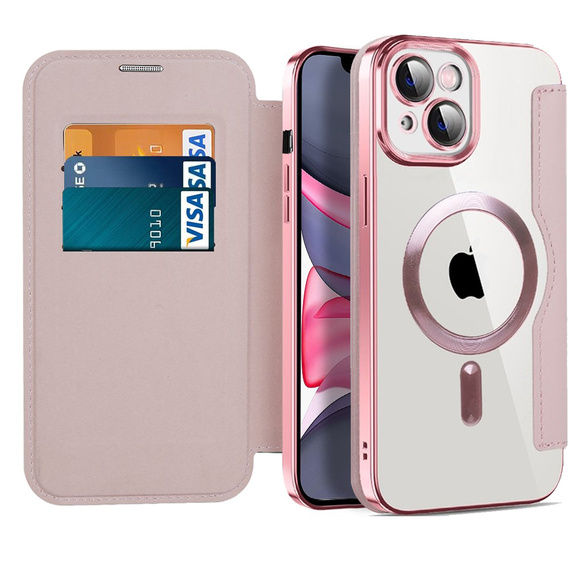 Cu clapetă pentru iPhone 14, RFID Wallet MagSafe CamShield, roz