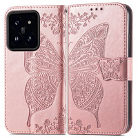 Cu clapetă pentru Xiaomi 14T, Butterfly, roz rose gold