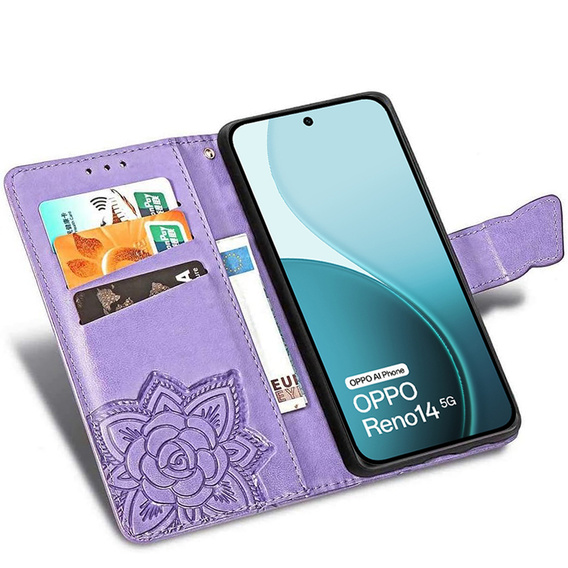 Carcasă cu clapetă pentru Oppo Reno 14, Butterfly, portofel, violet