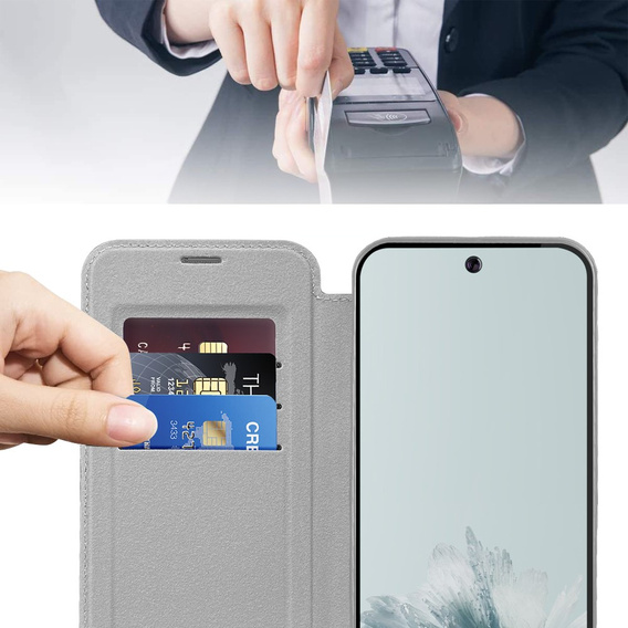 Cu clapetă pentru Google Pixel 9A, RFID Wallet MagSafe CamShield, de argint