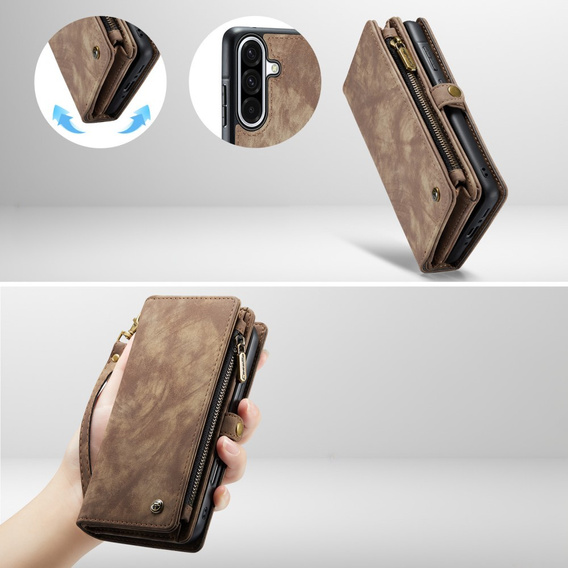 Husă CASEME pentru Samsung Galaxy A56 5G, Retro Leather Wallet, cu curea de umăr, maro