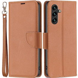 Cu clapetă pentru Samsung Galaxy A15, Wallet Litchi Leather, maro + sticlă 9H