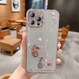 Husă pentru iPhone 14 Pro Max, Glitter Flower, roz rose gold