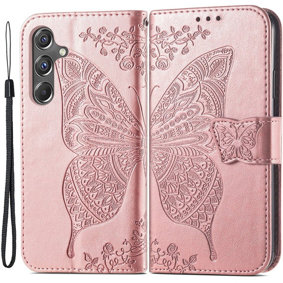 Cu clapetă pentru Samsung Galaxy A15, Butterfly Flower, roz rose gold + sticlă 9H 
