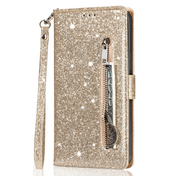 Cu clapetă pentru Samsung Galaxy A36 5G, Wallet Zipper Pocket Glittery, de aur