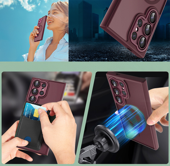 Husă pentru Samsung Galaxy S25 Ultra, pentru MagSafe, ERBORD Matt Case, maroon + sticlă pentru ecran