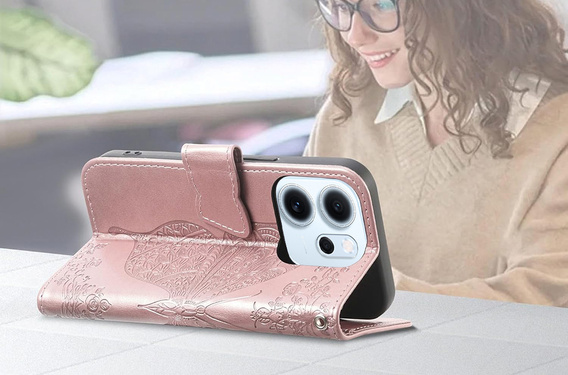 Carcasă cu clapetă pentru Oppo Reno 14F, portofel, Butterfly, aur roz
